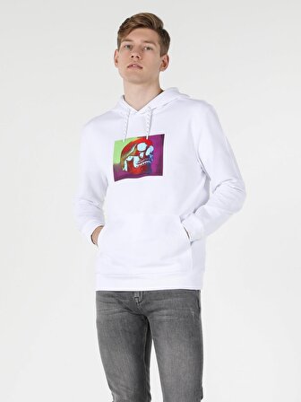 Regular Fit Kapüşonlu Baskılı Beyaz Erkek Sweatshirt