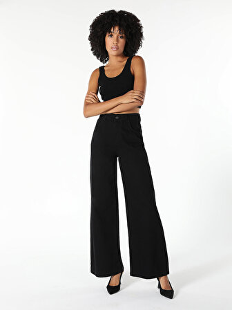Yüksek Bel Normal Kesim Geniş Paça Siyah Kadın Pantolon