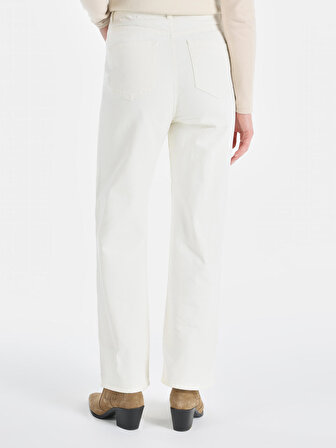 Yüksek Bel Normal Kesim Geniş Paça Beyaz Kadın Pantolon