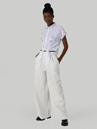 Regular Fit Geniş Paça Yüksek Bel Beyaz Kadın Pantolon
