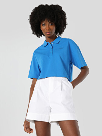 Regular Fit Polo Yaka Mavi Kadın Kısa Kol Tişört