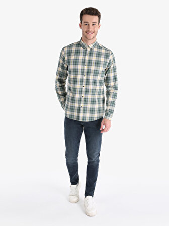Slim Fit Shirt Neck Ekoseli Yeşil Erkek Uzun Kol Gömlek