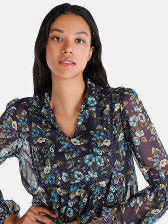 Regular Fit Shirt Neck Çiçek Baskılı Çok Renkli Kadın Bluz U.Kol