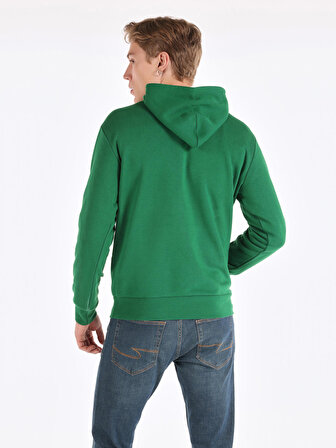 Regular Fit Baskılı Kapüşonlu Yeşil Erkek Sweatshirt