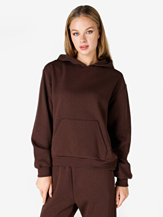 Regular Fit Kapüşonlu Kahverengi Kadın Sweatshirt