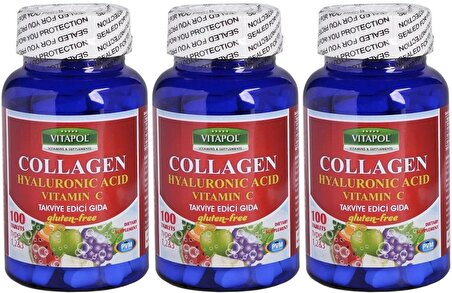 Vitapol Hidrolize Kolajen Hyaluronik Asit C Vitamini 3x100 Tablet Hydrolyzed Collagen Hyaluronic Acid Vitamin C