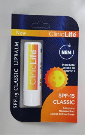 Cliniclife Dudak Bakım Kremi  4,8gr, Doğal Yağlar ile SPF 15 CLASSIC Dudak Bakımı Nem Lip Balm