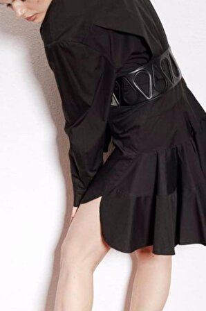 Kadın Siyah Volanlı Tasarım Gömlek Elbise