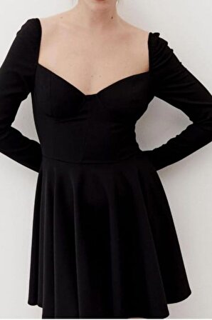 Kadın Siyah Kuplu Korsajlı Kloş Mini Elbise