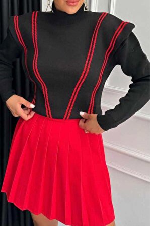 Kadın Siyah Kırmızı Şeritli Omuz Detaylı Triko Kazak