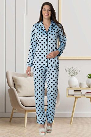 Carpediem 1550 Bayan Hamile Lohusa Mavi Saten Pijama Takımı