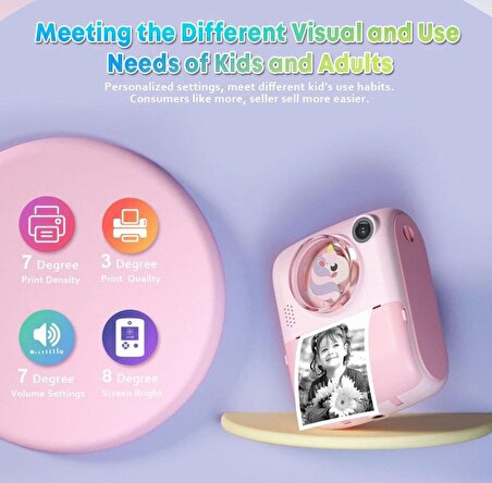 Anlık Termal Yazıcılı Dijital Çocuk Kamerası 2.0 Inç Hd 1080P Instant Photo Printer Camera Pembe cmr37pembelisa