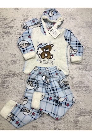 Kapüşonlu Kız Çocuk Polar Welsoft Pijama Takımı Göz Bandı Ile Birlikte Bear