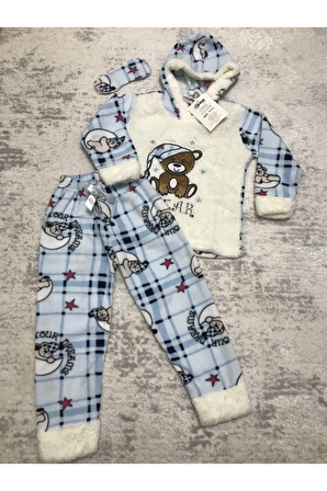 Kapüşonlu Kız Çocuk Polar Welsoft Pijama Takımı Göz Bandı Ile Birlikte Bear