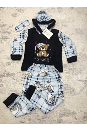 Kapüşonlu Kız Çocuk Polar Welsoft Pijama Takımı Göz Bandı Ile Birlikte Bear