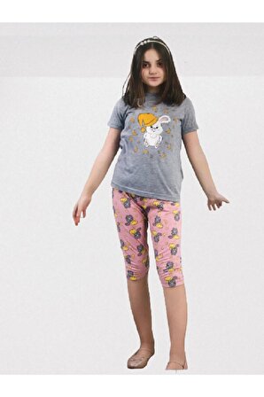 Kız Çocuk Tişört Kapri Pijama Takımı Pamuk