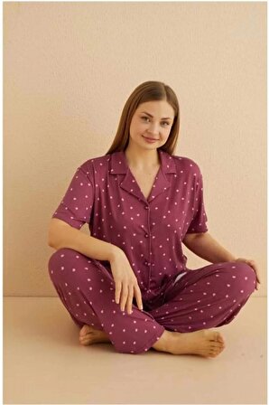 Kadın Pijama Takımı Büyük Beden Battal Önden Düğmeli Gömlek Yaka