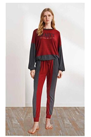 Kadın Pijama Takımı Uzun Yarasa Kollu Kışlık Ev Giyim