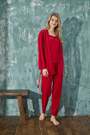 Kadın Pijama Takımı Soft Fransız Kadife Dantelli Sabahlıklı 3 lü Takım