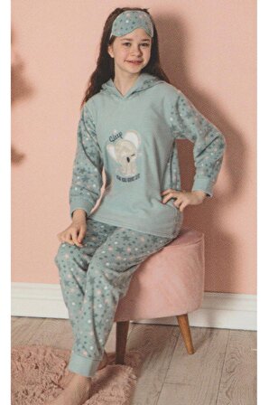 Kız Çocuk Pijama Takımı Uzun Kollu Kapüşonlu Garson Boy Polar Kışlık