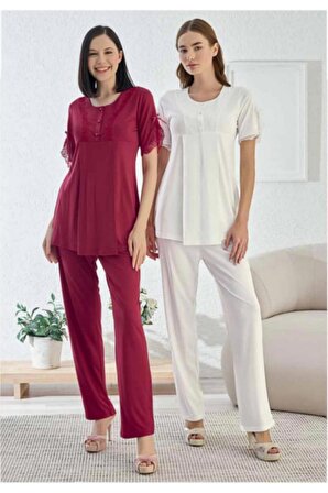 Kadın Kısa Kol Dantelli Hamile & Lohusa Pijama Takımı