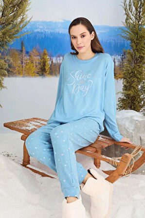 Kadın Uzun Kollu Termal Özellikli Polar Pijama Takımı Kışlık