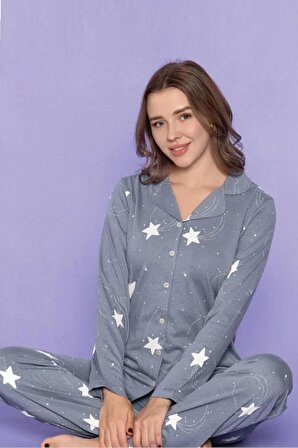 Kadın Pijama Takımı Önden Düğmeli Şardonlu Penye