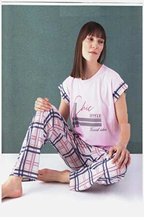 Kadın Kısa Kollu Pamuklu Ekose Pijama Takımı