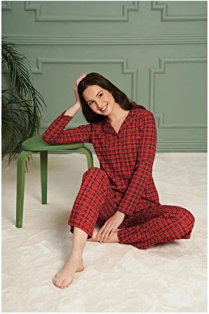 Kadın Pijama Takımı Pamuklu Uzun Kol Boydan Düğmeli