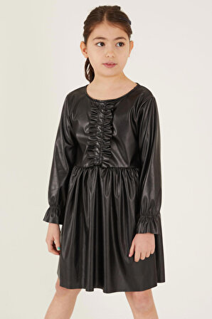 Siyah Uzun Kollu Düğmeli Kız Çocuk Deri Elbise  15034