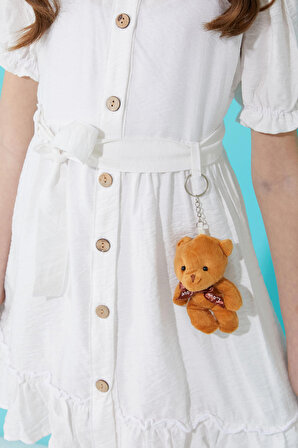 Beyaz Düğmeli Ayıcıklı Kısa Kollu Kız Çocuk Elbise 15303
