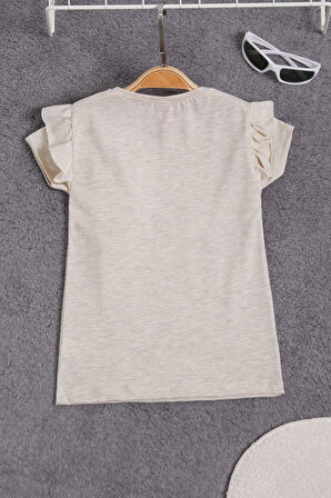 Krem Peluş Ayıcıklı Fırfırlı Kız Çocuk T-shirt 15535