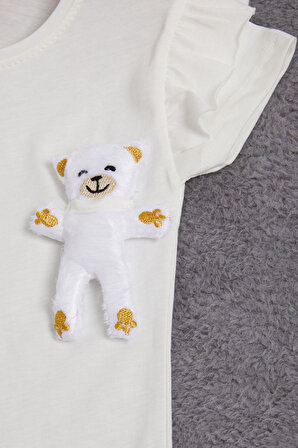 Beyaz Peluş Ayıcıklı Fırfırlı Kız Çocuk T-shirt 15537