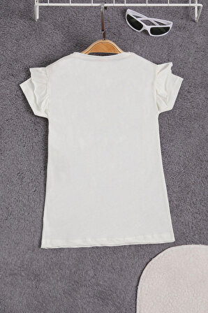 Beyaz Peluş Ayıcıklı Fırfırlı Kız Çocuk T-shirt 15537
