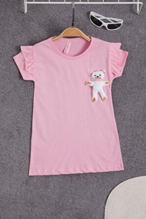 Pembe Peluş Ayıcıklı Fırfırlı Kız Çocuk T-shirt 15538