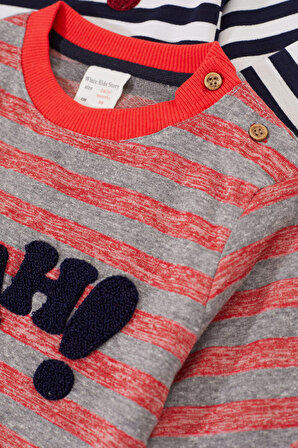 Erkek Bebek Yazı Nakışlı Çizgili 2li Sweatshirt Lacivert-Kırmızı 17333