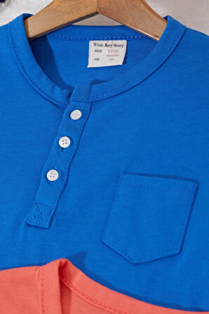 Erkek Bebek Düğmeli Yakalı Cepli 2li Sweatshirt Mavi-Turuncu 17336