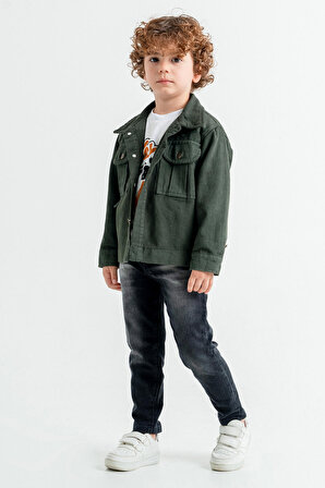 Koyu Yeşil Jean Ceketli Erkek Çocuk Pantolonlu 3lü Takım 17706
