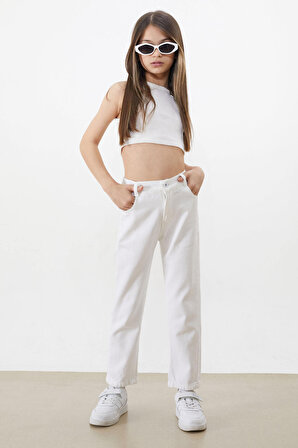 Beyaz Beli Lastikli Mom Jean Kız Çocuk Pantolon 18486