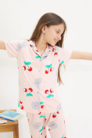 Kiraz Desenli Kısa Kol Kız Çocuk Göz Bantlı Pijama Takımı 18654