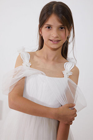Beyaz İnci Taş Şeritli Tüllü Kız Çocuk Askılı Abiye Elbise 18951