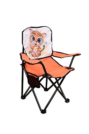 BODY-GYM Mini Çocuk Katlanır Çantalı Kamp Sandalyesi Turuncu Kaplan Desenli