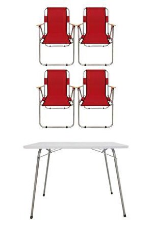 Tedarikcenter 4 Adet Ahşap Kollu Kırmızı Kamp Sandalyesi + 1 Adet 60x45 Cm Katlanır Masa