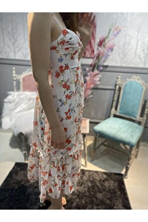 Şifon Çiçek Desenli Uzun Elbise Beyaz