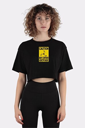 Siyah %100 Pamuk Bisiklet Yaka Crop T-shirt Caution - Addictive Music_em1181
