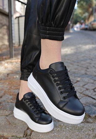 Tomiross-Carol Kadın Siyah Beyaz Poli Taban Bağcıklı Spor Sneaker Ayakkabı CRL-2810