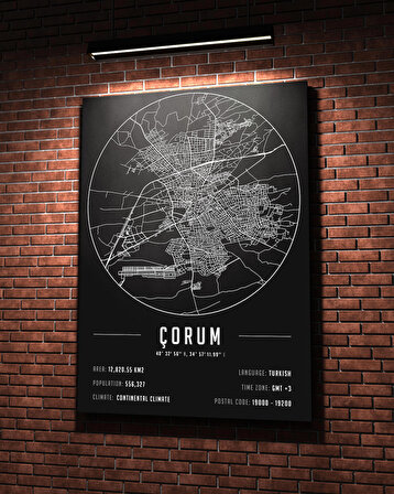 Çorum 50x70 cm Şehir Haritası Kanvas Tablo