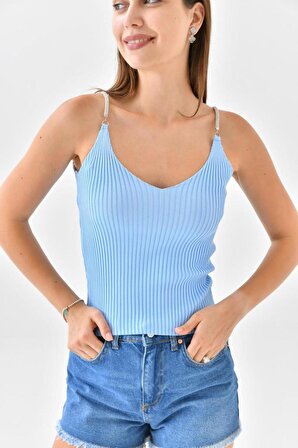 Askılı Sim Detaylı Bebe Mavi Triko Crop Top