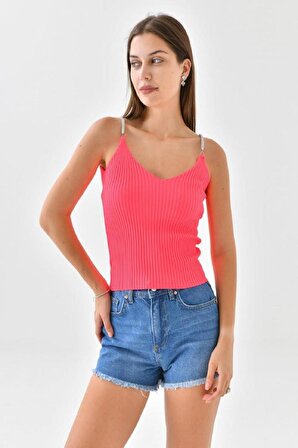 Askılı Sim Detaylı Fuşya Triko Crop Top