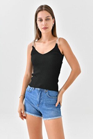 Askılı Sim Detaylı Siyah Triko Crop Top